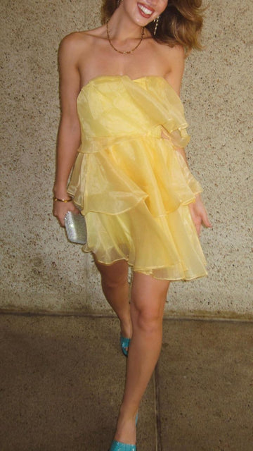 Cute A Line Strapless Yellow Tiered Organza Short Homecoming Birthday Dress Cocktail Dresses HZ1023